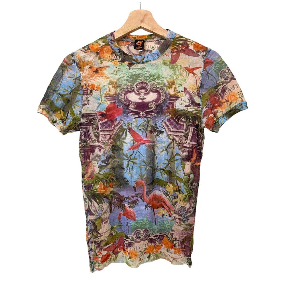 🌟RARE Jean Paul Gaultier Couture Unisex Soleil Mesh Tattoo Flamingo + Floral Top